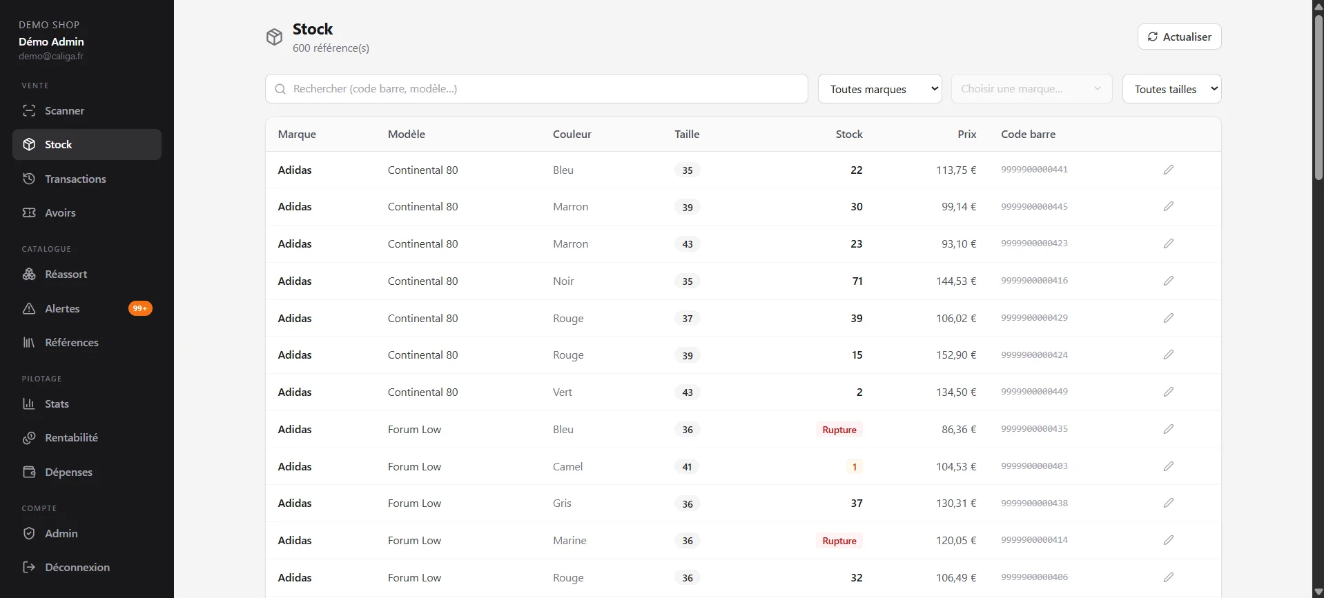 Interface de gestion de stock Caliga